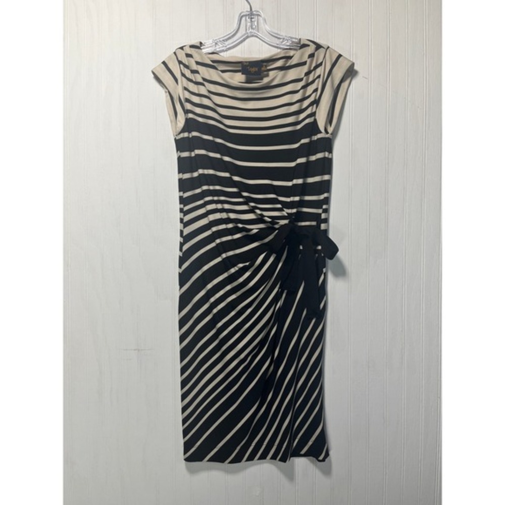 Just Taylor Striped Midi Dress Tie Waist Casual Career Black Beige‎ Size 6